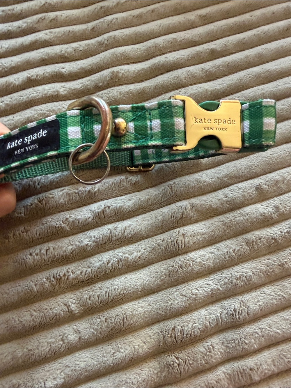 kate spade Green and White Gingham Dog Collar with Gold Hardware
